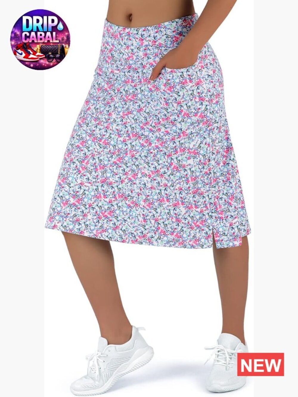 Midi Length Skort with 3 Pockets, 24" Knee Length, Built-in Liner Shorts